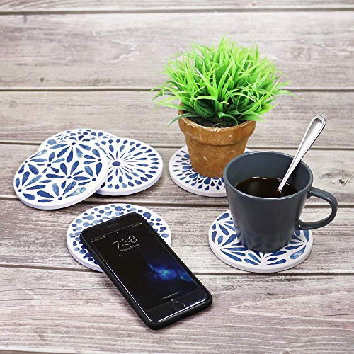 AD Set of 6 Coasters for Drinks Absorbing Round Ceramic Stone Coaster with Cork Base,Tabletop Protection Mat for Mugs and Cups,Office,Kitchen (Indigo Blue with Holder) - style: Indigo Blue with Holder