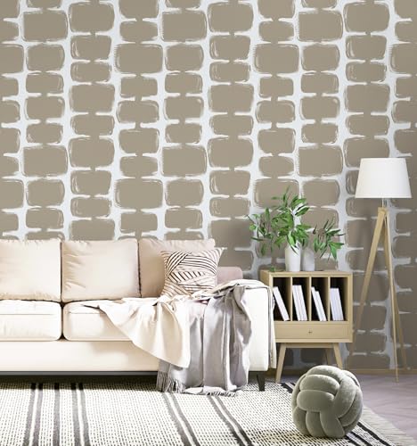 Safiyya Peel and Stick Wallpaper Mid Century Modern Abstract Contact Paper Geometric Wall Paper Self Adhesive Removable Wallpaper for Bathroom and Bedroom Vinyl 17.3"x78.7" Light Brown and White - color: Light Brown and White, size: 17.3" x 78.7"