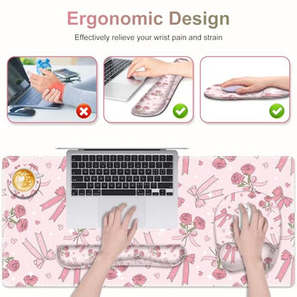 Pink Mouse Pad with Wrist Support 4 in1 Set, XXL Big Game Mousepad + Keyboard Wrist Rest + Mouse Wrist Rest Pad +Coaster Gaming Mat for Home Office Work Computer Laptop PC I Sweet Rose & Heart Bow - color: Sweet Rose & Heart Bow