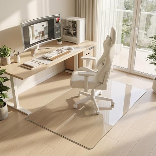Tempered Glass Chair Mat for Hardwood Floor, 32" x 48" Heavy Duty Glass Office Chair Mat, for Low Pile Carpet, 0.2" Thick with 4 Non-Slip Pads, Smooth Rolling for Home & Office - size: 32" x 48"