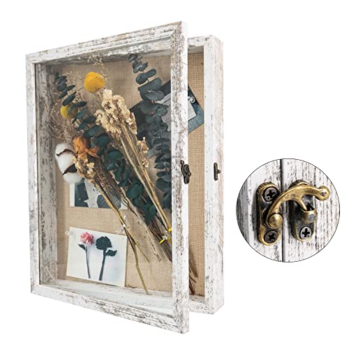 GraduatePro Shadow Box Frame 11x14 Display Case with Linen Back, Real Glass Window Door with Hinge, Picture Frame Wedding Bouquet Memorabilia Medals Photos Memory Box for Keepsakes, Rustic White - color: Rustic White, size: 11"x14" (28x35 cm)