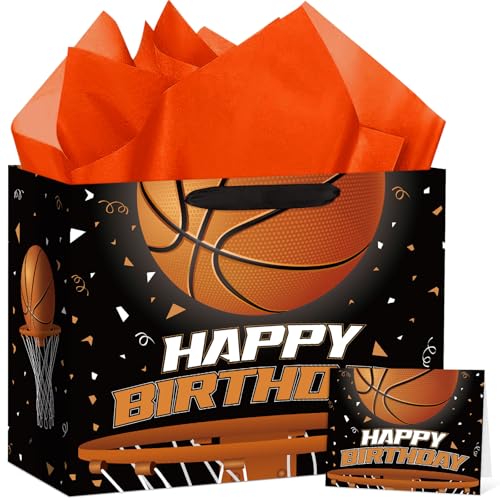 Hooqict Large Basketball Gift Bag with Handles, Tissue Paper, Greeting Cards Basketball Birthday Gift Wrap Bag for Kids Boys Men Sports Themed Goodie Treat Party Favors - color: Basketball