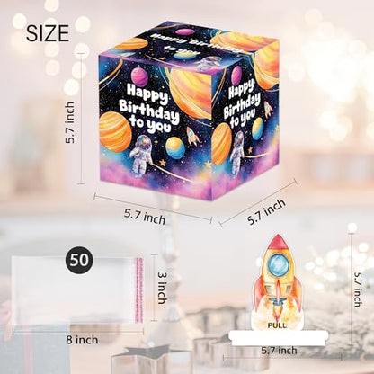 Outer Space Birthday Money Box for Cash Pull, Happy Birthday Boxes Gifts for Money Pull Out Card, 50Pcs Transparent Bags - color: Pink