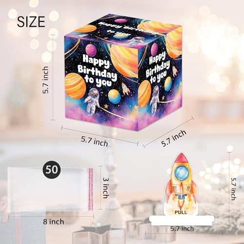 Outer Space Birthday Money Box for Cash Pull, Happy Birthday Boxes Gifts for Money Pull Out Card, 50Pcs Transparent Bags - color: Pink