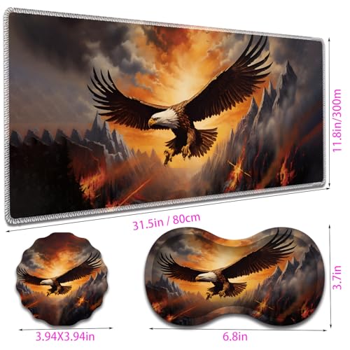 Large Gaming Mouse Pad + Mouse Wrist Rest Pad + Coaster Combination, 31.5 "x 11.8" Durable Non-Slip Extension Table Mat, Suitable for Office and Home, Rebirth of American Eagle Fire - color: Rebirth of American Eagle Fire