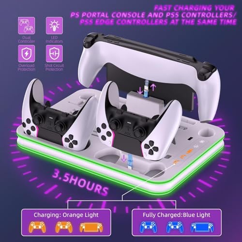 Charger Dock Compatible with PS Portal and PS5, PS5 Stand and Cooling Station with RGB LED Charging Dock, Edge Controller and Headset and Remote Holders - White - color: White