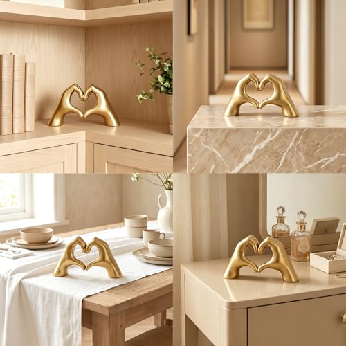Gold Hand Heart Sculpture Home Decor for Living Room Bedroom Office Large | Resin Heart Gesture Statue Gifts Merch for Women Girls Wedding Birthday Love Finger Statue for Shelf Bookshelf Coffee Table - size: Large