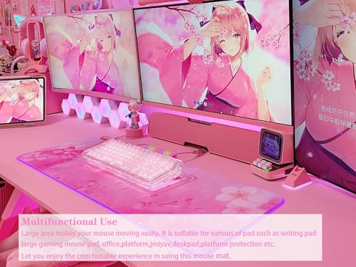 JMIYAV RGB Cherry Blossom Gaming Mouse Pad Pink 31.5x12 Inch PC XL Large Extended Glowing Led Light Up Desk Pad Non-Slip Rubber Base Computer Keyboard and Mouse Pad Cute Mousepad - color: P-pink Flowers