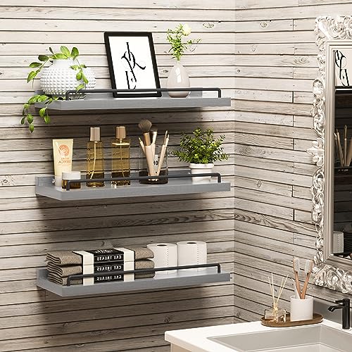 RYOFOBETTO Floating Shelves for Wall Decor, Grey Shelves for Bathroom, Living Room, Bedroom, Picture Frames, Plants, Kitchen (Set of 3) - color: Grey, size: 16"