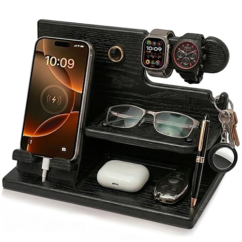 TESLYAR Wood Phone Docking Station for Men - Desk or Nightstand Organizer - Birthday Gifts for Husband, Dad - Anniversary Idea from Wife - Key Holder, Stand Wallet, Watch & Essentials (Granite Black) - color: Granite Black