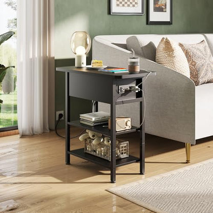 WLIVE End Table with Charging Station, Flip Top Narrow Side Table with Storage Shelf, Small Nightstand with USB Ports and Outlets,Bedside Table for Living Room, Bedroom,11.81" D x 23.62" W x 24.33" H - color: Black
