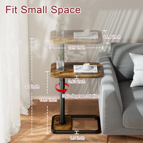 GOYLSER C-Shaped Tables Small Swivel End Table, Height Adjustable Side Tables Living Room, Rotating Snack Couch Wooden Tv Trays for Eating On Couch, Rustic Brown - color: Rustic Brown