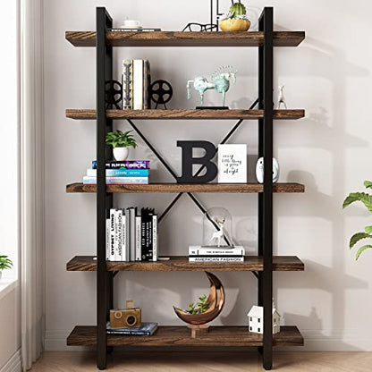 5-Tier Industrial Style Solid Wood Bookcase and Book Shelves,Rustic Wood and Metal Shelving Unit， Living Room,Modern Rustic Open Industrial Book Shelf Office,Distressed Brown (AY-02-5Tier) - size: 5Tier