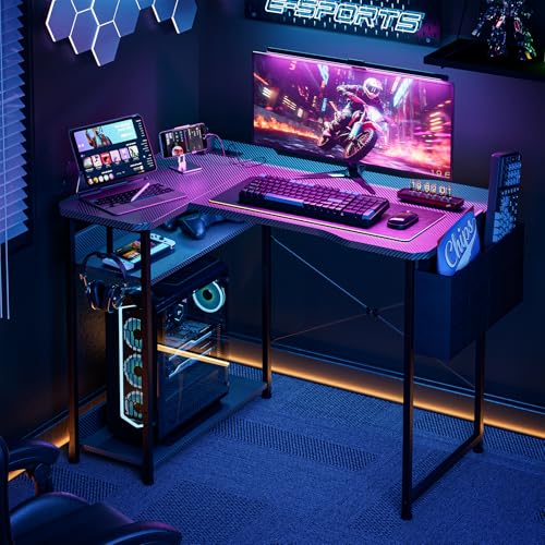 Acrolix L Shaped Gaming Desk 40 Inch - Computer Corner Desk with Power Outlets, Reversible Shelves & Storage Bag for Home Office, PC Gaming Table, Black Carbon - color: Black Carbon, size: 40inch-L shaped