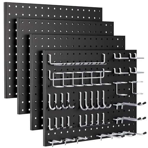 INCLY 70PCS Pegboard Wall Organizer, 4PCS Metal Peg Board Panels with 66PCS 1/4" Pegboard Hooks Accessories Kit, Black Peg Board for Walls Home, Garage Tool Storage, Workbench Organization - color: Black Pegboard with hooks, size: 4pcs-12"x16" with hooks
