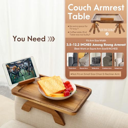 SINWANT Couch Arm Tray, Acacia Wood Sofa Arm Rest Table Clip on Wide Armrest,Folding Anti Slip Couch Armrest Table with 360° Rotating Phone Holder for Snacks,Drinks,Remotes - color: Acacia Wood