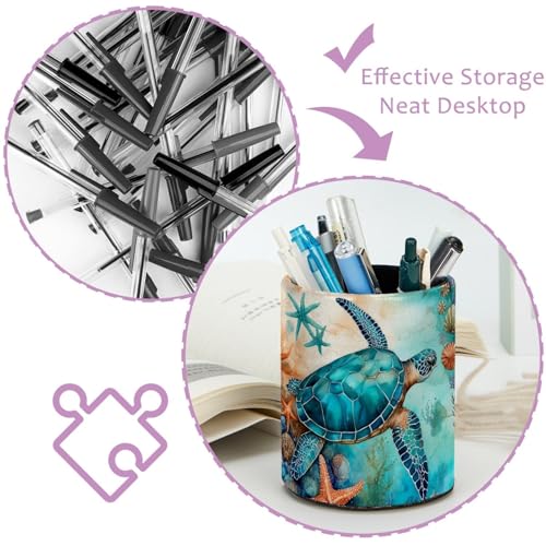 Ocean Turtles and Starfish Pen Holder Pencil Organizer for Desk, 3.1”x 3.1”x3.9” Pencil Cup Office Supplies, Large Capacity Cute Pen and Makeup Brush Holder for School, Desktop - color: Ocean Turtles and starfish