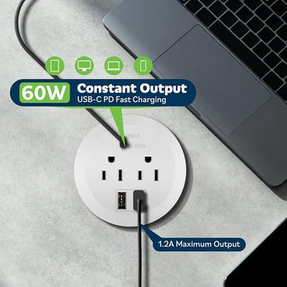 TOPGREENER Desktop Power Grommet With 65W PD Fast Charging USB C, GaN Desk for MacBook, 2 USB-A Ports and Duplex Receptacles, 3" Diameter, TTRP48APD60-W, White - color: White