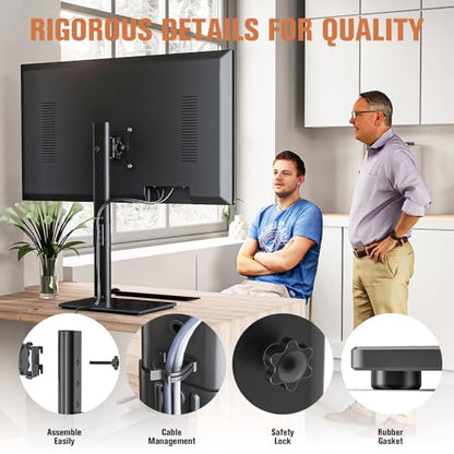 Single Monitor Stand Freestanding 27-43 Inch Monitor Arm Curved Screen Monitor Mount Tempered Glass Base Adjustable Motion Tilt -15° to 10° Swivel ±45° Rotation 360° Weight Capacity 77lbs HT05B-003