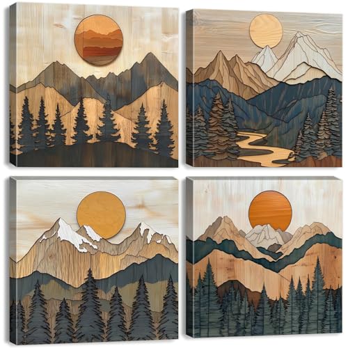 Boho Mountain Wall Art Mid Century Modern Decor Sunset Forest Landscape Canvas Prints Abstract Pine Trees Wall Paintings Nature Mountains Scenery Artwork Bedroom Living Room Home Decor 12x12" 4Pcs - color: Boho Mount, size: 12 x 12 in