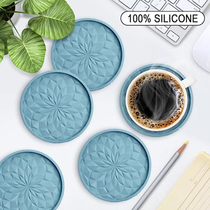 ME.FAN Silicone Coasters with Holder,[6 Pack] Drinking Coasters - Cup Mat for Hot or Cold Drinks, Thickened, Non-Slip, Non-stick,Deep Tray Ether - color: Ether