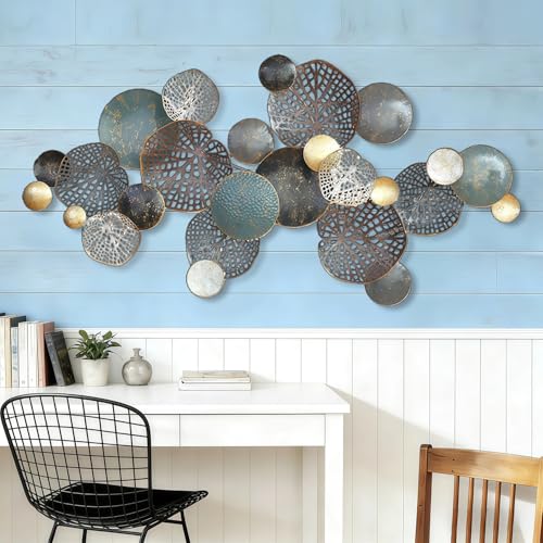 ZZYYZZ Large Metal Wall Decor, Boho Lotus Leaf Metal Wall Decoration, 3D Stacked Flower Wall Art Décor, Nautical Coastal Outdoor Wall Decor, for Living Room Bedroom Dining Room, 52.5" x 26.5"