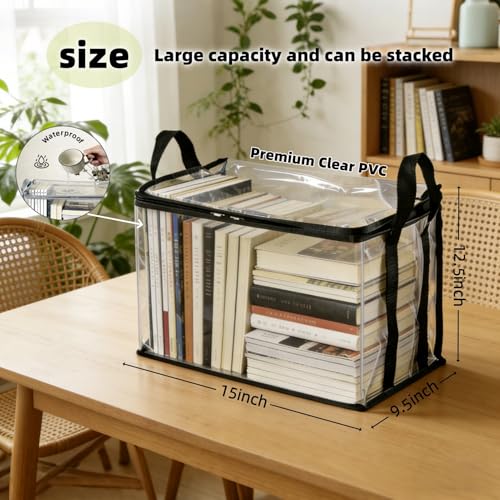 Clear Book Storage Bag with Reinforced Handles - Heavy Duty Plastic Comic Book Organizer & DVD Storage Bin - Collapsible Media Tote with Zipper Lid for Books, Journals and Albums - 15" x 9.5" x 12.5" - color: Black, size: 1-Pack