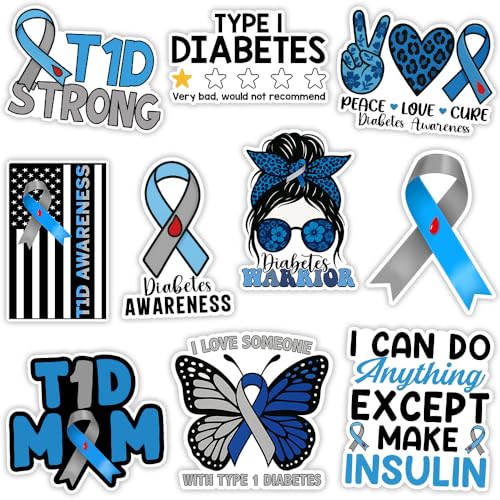 SODAVA [10Pcs, 3in] T1D Vinyl Sticker, Diabetes Awareness Stickers, Blue & Grey Ribbon Decals for Laptop, Water Bottle, Hard Hat, Journal, Car Window – Gift for T1D Warrior, Parent, or Loved One - color: T1d