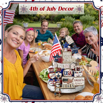 20 Pcs 4th of July Patriotic Tiered Tray Decor Red White and Blue USA Flag Wood Signs Rustic Memorial Day Wooden Tiered Tray Decoration for Independence 250th Anniversary Labor Home Party - style: Vivid Style