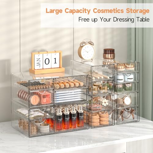 Makeup Drawer Storage Organizer with 16 Drawers, 4 Set Acrylic Office Desk Organization and Storage, Dustproof Drawer Organizer for Makeup, Office, Countertop, Jewelry, Pen, Desktop, Bathroom, Bedroom - size: 16 Drawers