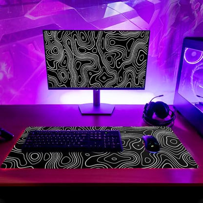 Topographic Contour Gaming Mouse Pad Black Large Mouse Pad for Keyboard and Mousepad Desk Mat with 3mm Non-Slip Base and Stitched Edge for Gaming and Office Computer Mat Protector Mat 27.6x11.8 Inch - color: Black Topographic Contour 2