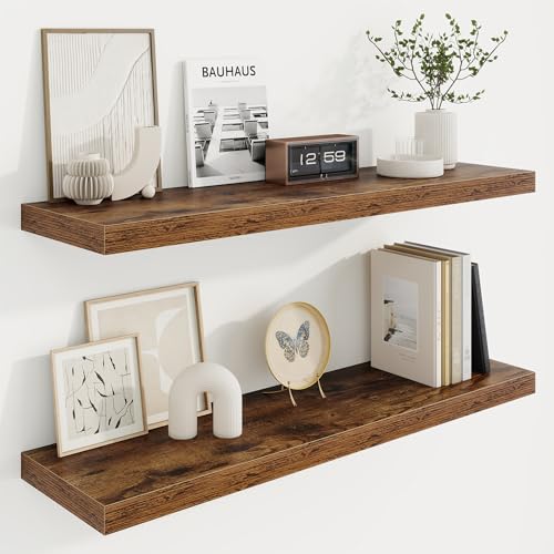 Marsmiles 36in Floating Shelves for Wall, 36" W x 9.25" D x 1.25" H, 2 Pack Long Wall Mounted Engineered Wood Shelves with Invisible Brackets for Living Room, Bedroom, Bathroom, Kitchen, Rustic Brown - color: Rustic Brown With Invisible Metal Brackets, si