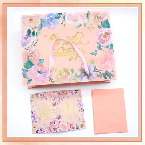 Woohookaka 13" Elegant Rose Gift Bag Set - Premium Pink Gift Bags with Tissue Paper & Card for Women's Birthday, Mother's Day, Anniversary Luxury Packaging - color: Rose