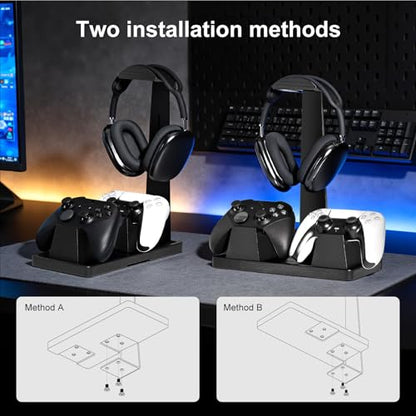UPERGO Headset Stand with 2 Controller Holders - Solid Wood & Metal Gaming Headphone Holder for Switch, Controllers, and Desk Accessories (Black) - color: Black
