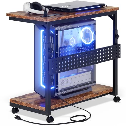 Besiost Computer Tower Stand with Power Strips, 4 Levels Manual Height Adjustable PC Tower Stand for Under Desk, Mobile Rolling CPU Holder, Computer Cart with Wheels, 24", Rustic Brown - color: Rustic Brown, size: 24"