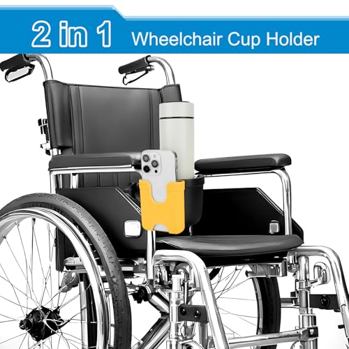 Accmor 2-in-1 Wheelchair Cup Holder, Walker Cup Holder with Phone Holder, Universal Drinks Holder for Stroller, Mobility Scooter, Rollator, Walker, Wheelchair Accessory - color: Black Yellow