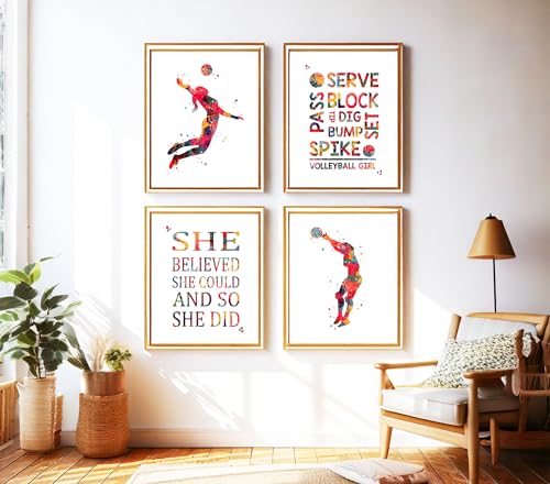 Inspirational Watercolor Volleyball Girl Player Illustration Art Print Set for Girl's Bedroom Decoration, Playroom Energy Boost, Locker Team Spirit, Team Captain Honors, Coach Appreciation, Birthday Gifts - 8x10 Unframed Print Set - style: Volleyball