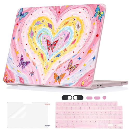 Cute Graffiti Printed Hard Shell Case for 2026 MacBook Neo 13 Inch A3404 A18 Pro, with Screen Protector, Keyboard Cover, Silicone Dust Plugs & Webcam Privacy Cover, Colorful Heart & Butterfly - color: Blush Pink Graffiti