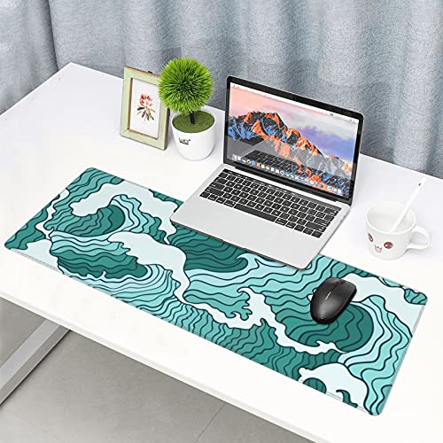 Japanese Green and White Wave Gaming Mouse Pad XL, Non Slip Rubber Base Mousepad, Stitched Edges Desk Pad, Extended Large Mice Pad,31.5 X 11.8 Inch - color: Japanese Green and White Wave