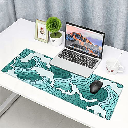 Japanese Green and White Wave Gaming Mouse Pad XL, Non Slip Rubber Base Mousepad, Stitched Edges Desk Pad, Extended Large Mice Pad,31.5 X 11.8 Inch - color: Japanese Green and White Wave