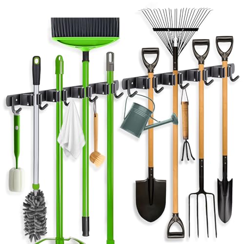 ZONGOOL 2 Pack Broom Holder Wall Mount, 4 Racks and 5 Hooks Mop Hanger Wall Mount Broom Organizer Stainless Steel Heavy Duty Garage Tool Racks for Home Kitchen Garden Laundry (Black) - color: Black, size: 2Pack 4R5H