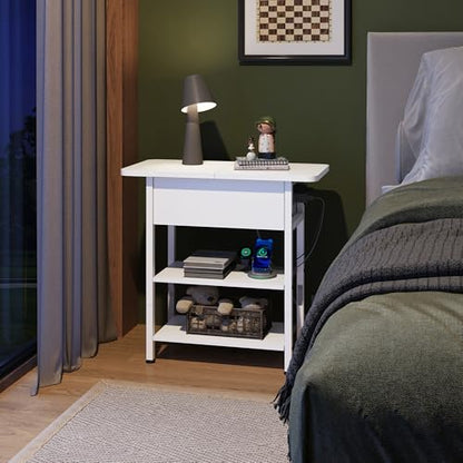 WLIVE End Table with Charging Station, Flip Top Side Table with Storage Shelf, Sofa Couch Table with USB Ports and Outlets, Narrow Bedside Table for Living Room, Bedroom ,11.81"D x 23.62"W x 24.33"H - color: White