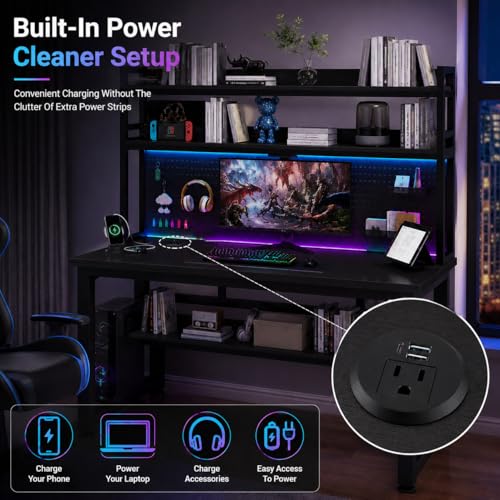47 Inch Gaming Desk with 1 Power Outlet, 2 USB & LED Lights, Computer Desk with Hutch, Pegboard, Home Office Desk with Shelves for Bedroom, Study (Black,47inch) - color: Black, size: 47inch