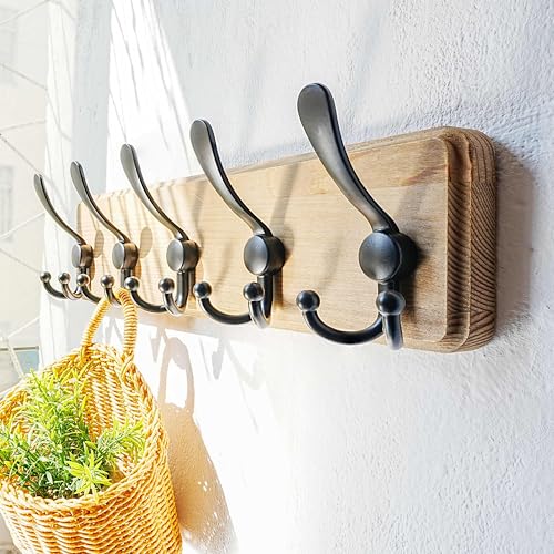 Dseap Coat Rack Wall Mount - Heavy-Duty Robust Barnwood-Style Wooden Wall Coat Hanger Hook Rail with 5 Triple Hooks for Winter Coats Hat Jacket Clothing, Weathered Brown & Black - color: Weathered Brown & Black, size: L=17.4"
