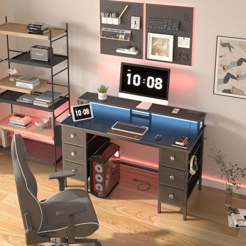 Lufeiya Gaming Desk with LED Lights and Power Outlets, 47 inch Computer Desk with Fabric Drawers & Storage Shelves, Home Office Desk with Monitor Stand, Black - color: Black