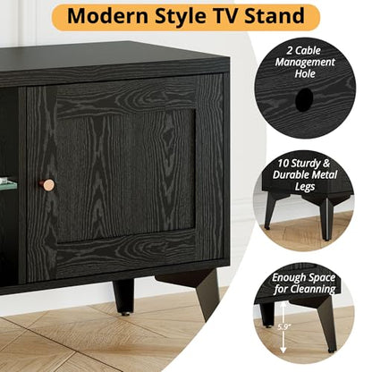 LIKIMIO 2-in-1 TV Stand for 85 Inch TV, Black TV Consoles with LED Lights | 2 Storage Cabinets & Adjustable Glass Shelves, with Charging Station, TV Table for Living Room & Bedroom