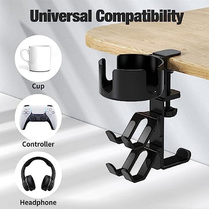 3 in 1 Desk Cup Holder with Headphone and Controller Stand, Universal Adjustable & 360° Rotating Clamp on Under Desk Headphone Hanger for Mugs, Headsets, Gamepads, Phone and Pen