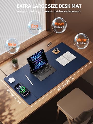 TopMade Mouse Pad with 15W Wireless Charging, XXL Large Leather Desk Mat, Waterproof Gaming Mousepad Home Office Desk Pad Protector, Computer Keyboard Pad, Mouse Mat for MacBook, PC, Laptop, Blue - color: Blue