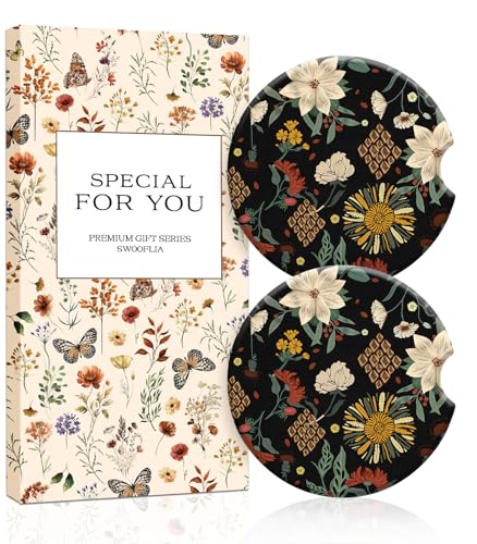 Swooflia Car Coasters for Women - Dark Floral Car Cup Coasters Absorbent Cup Holder Coasters for Car 2 Pcs Ceramic Car Coasters with Cork Base Car Interior Accessories - color: Black Background With Flowers