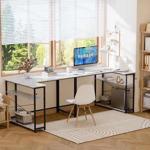 Pamray 43 Inch L Shaped Computer Desk with Reversible Side Storage Shelves, Small Corner Desk for Small Space Home Office,Writing Study Table PC Desk for Bedroom,White Marble - color: Marble, size: 43 Inch